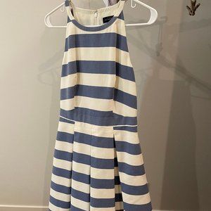 High Neck A-line Midi White and Gingham Striped Dress with Pockets Women's size